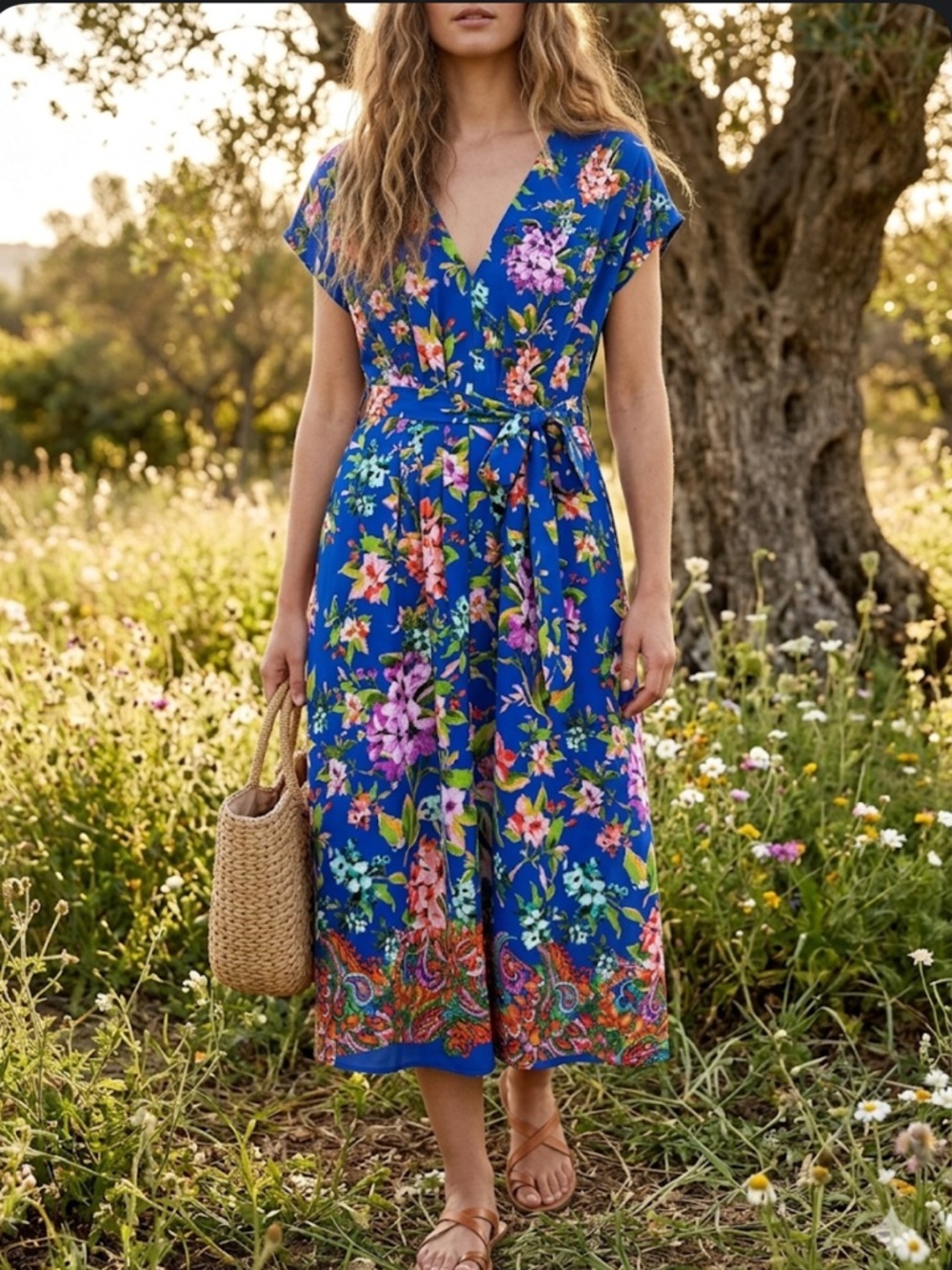 NWT Kensie Cobalt Blue Floral V-Neck Midi Dress with Pockets Size 16